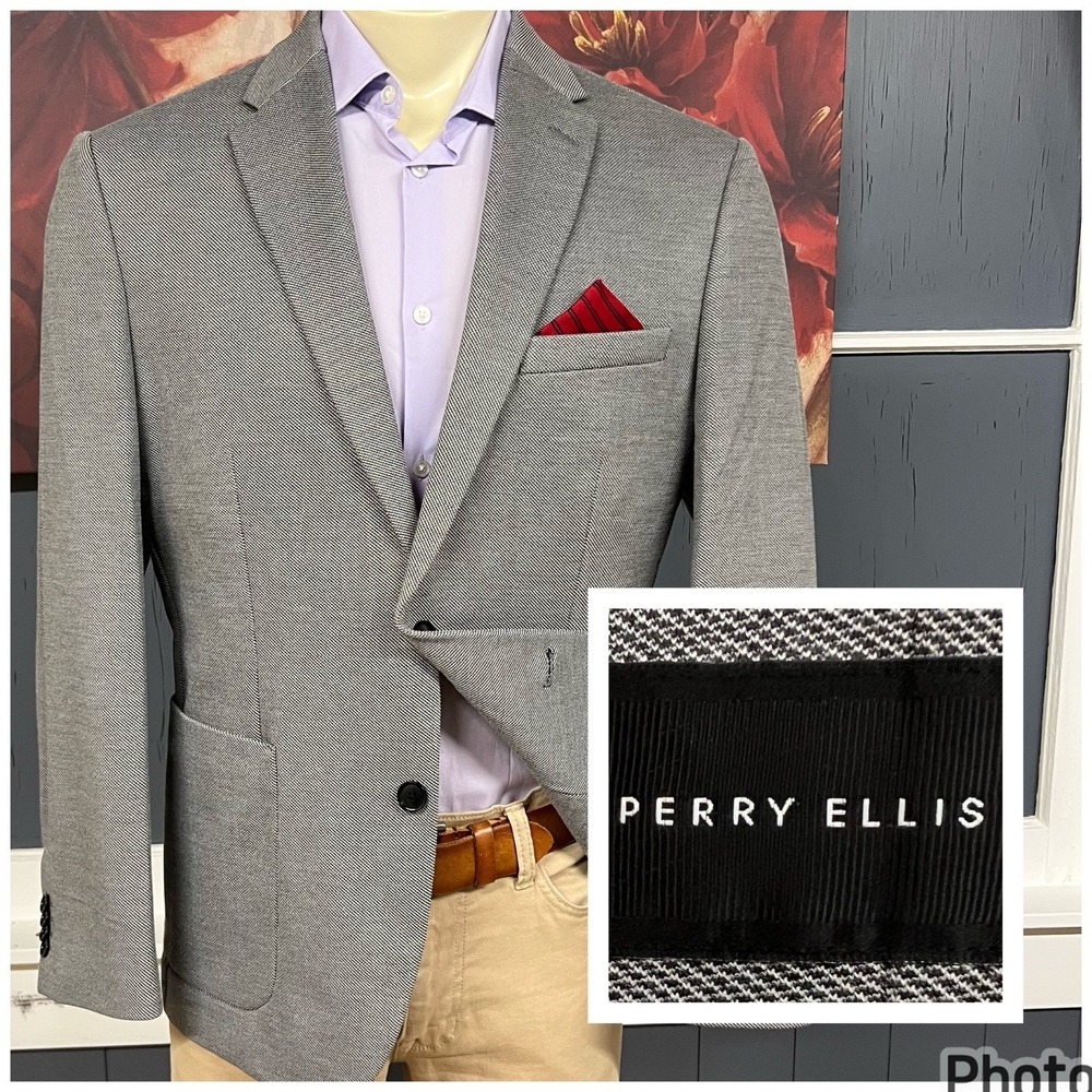 Perry Ellis Blazer Sport Coat Men 44S Short Slim Fit Polyester Stretch Gray Knit
